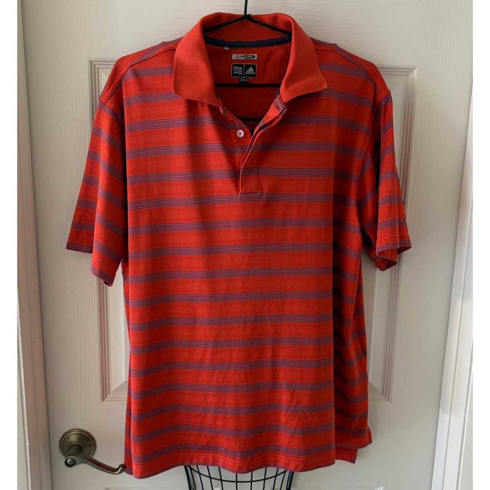 Adidas ClimaCool Men's Large Orange Striped Performance Golf Polo Shirt